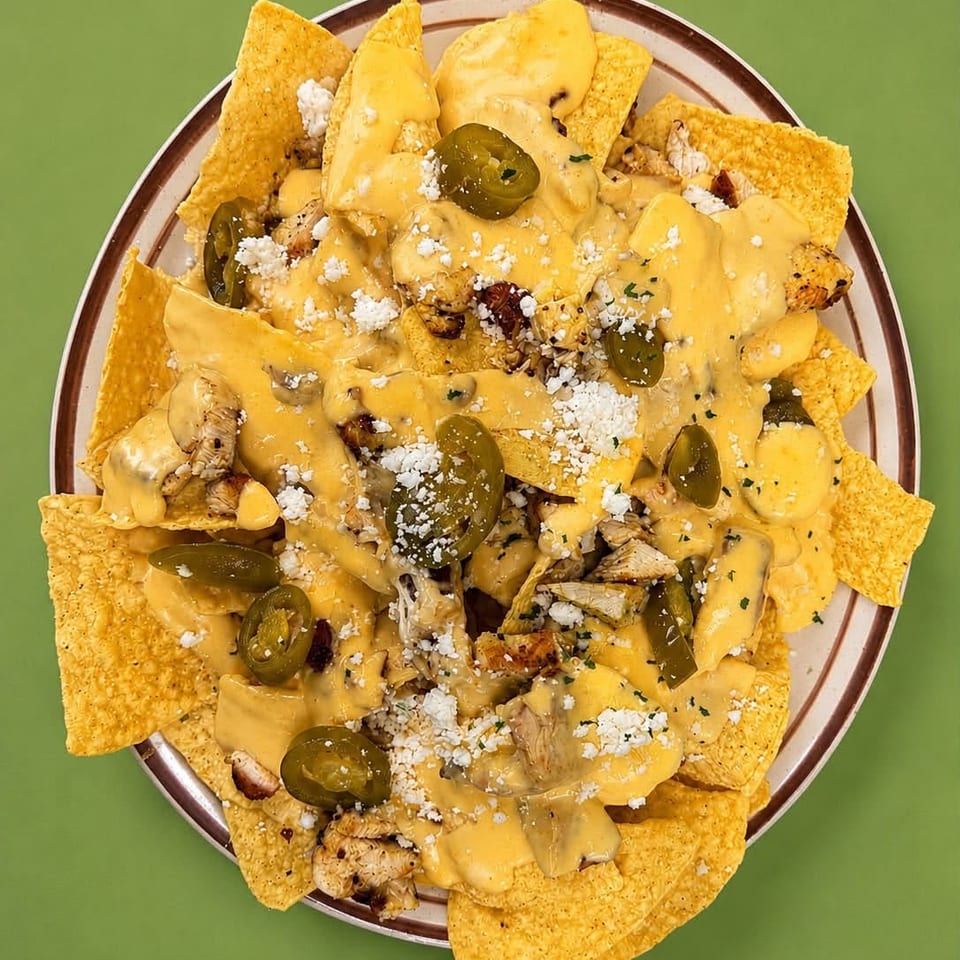 Loaded chicken nachos with queso, jalapenos, and cheese