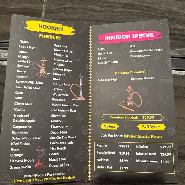 A black menu displays a wide variety of hookah flavors and infusion specials with prices.